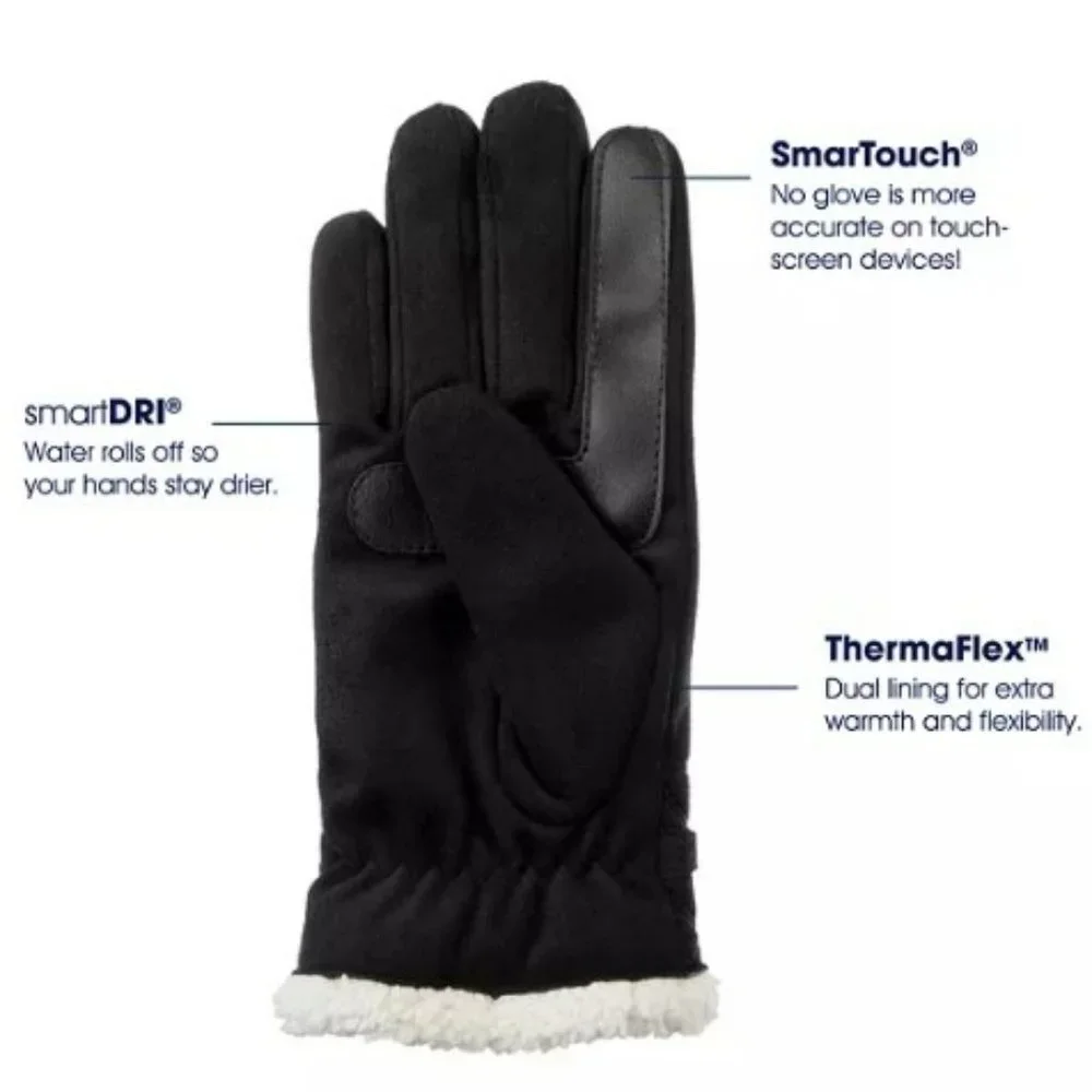 Isotoner Signature smartDRI Microsuede Touchscreen Gloves plush Black L XL New